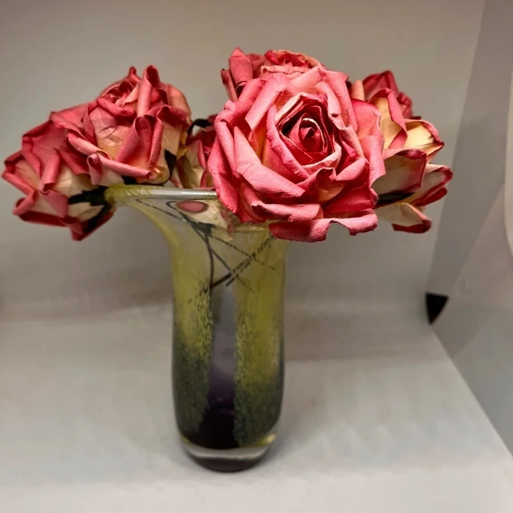 Teleflora Speckled Art Glass Vase Purple Green Flared Lip Hand Blown 8 Inch